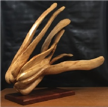 An abstract woodcarving of an imaginary creature in fight or flight mode