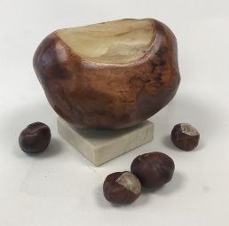 Conker woodcarving with real chestnuts for scale